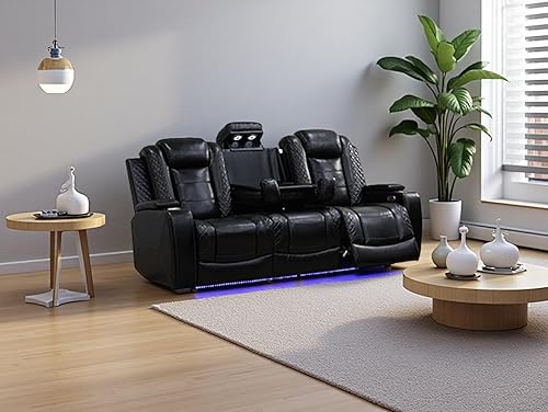 Miniatura 7 de Sofá reclinable de cuero transpirable con luz LED, sofá modular eléctrico con consola de almacenamiento, soporte para tazas para cine en casa, sala