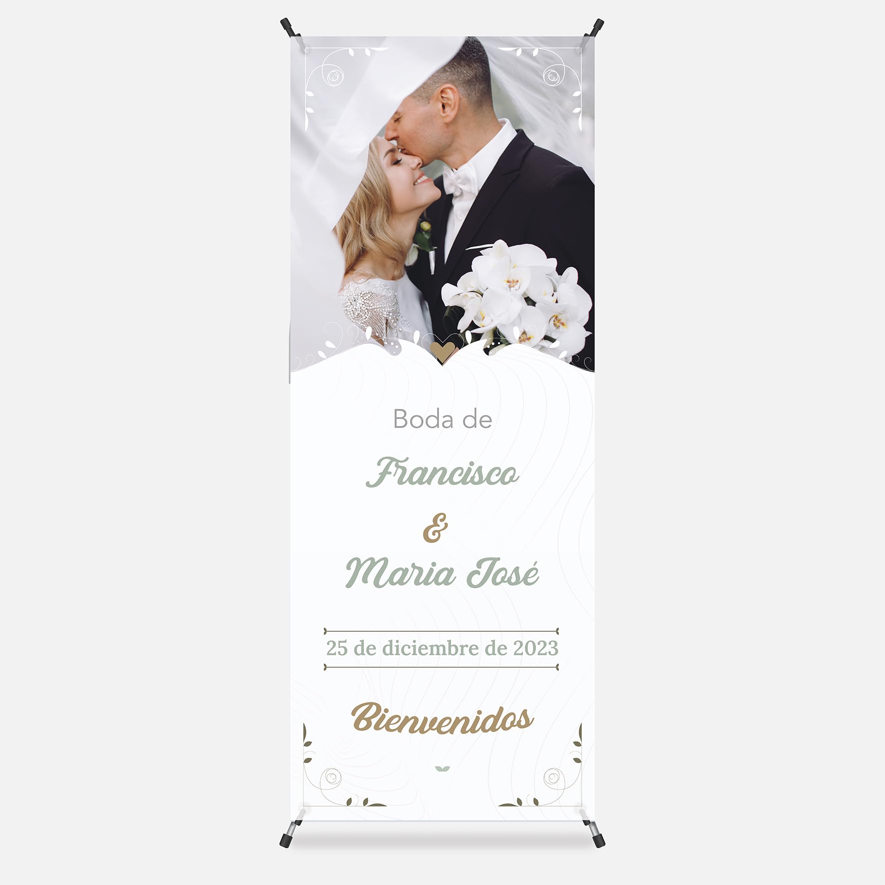 Photocall Bodas 70x180cm Personalizable con Foto y Texto – Cartel Bienvenida Boda – Pancarta Personalizada con Estructura para Decoración Boda - 2 Modelos a Elegir (Modelo 2)