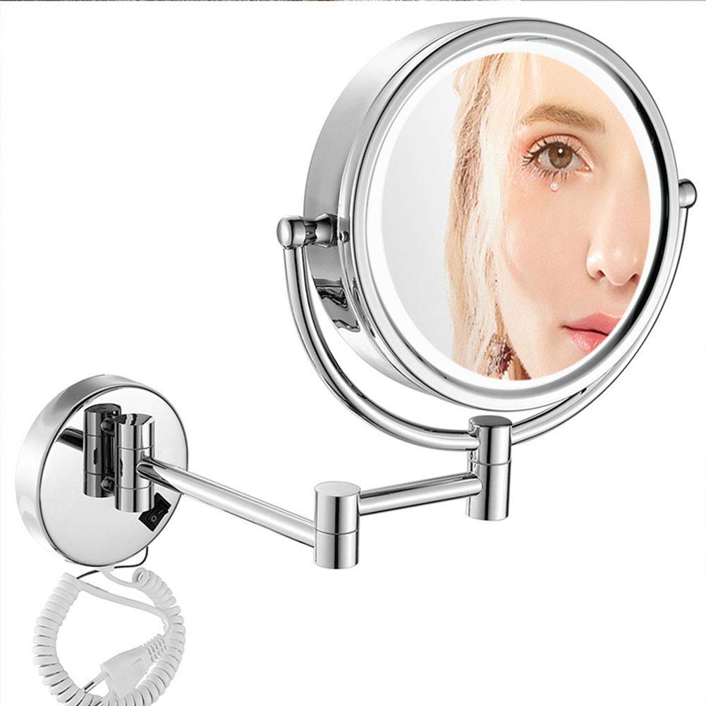 Specchio per trucco a parete con ingrandimento, specchio cosmetico per montaggio a parete con luci LDE, estensibile su due lati, girevole a 360 gradi, per bagno, a spina. (Argento brillante 7X)