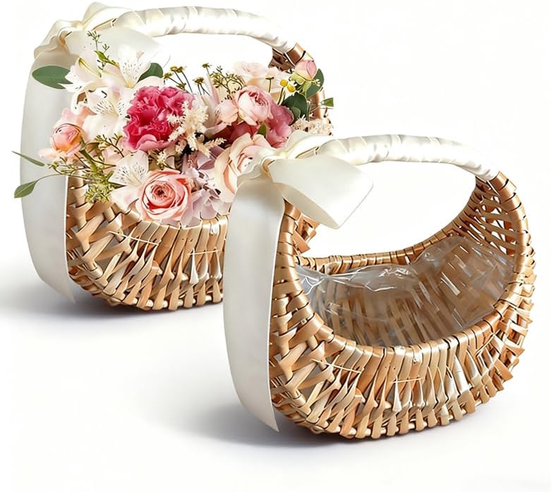 Wicker Flower Girl Basket 2pcs,Natural Flower Basket with Ribbon Bow for Wedding Flower Girl or Picnic (flower not include)