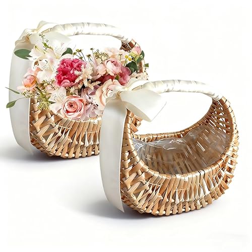 Wicker Flower Girl Basket 2pcs,Natural Flower Basket with Ribbon Bow for Wedding Flower Girl or Picnic (flower not include)