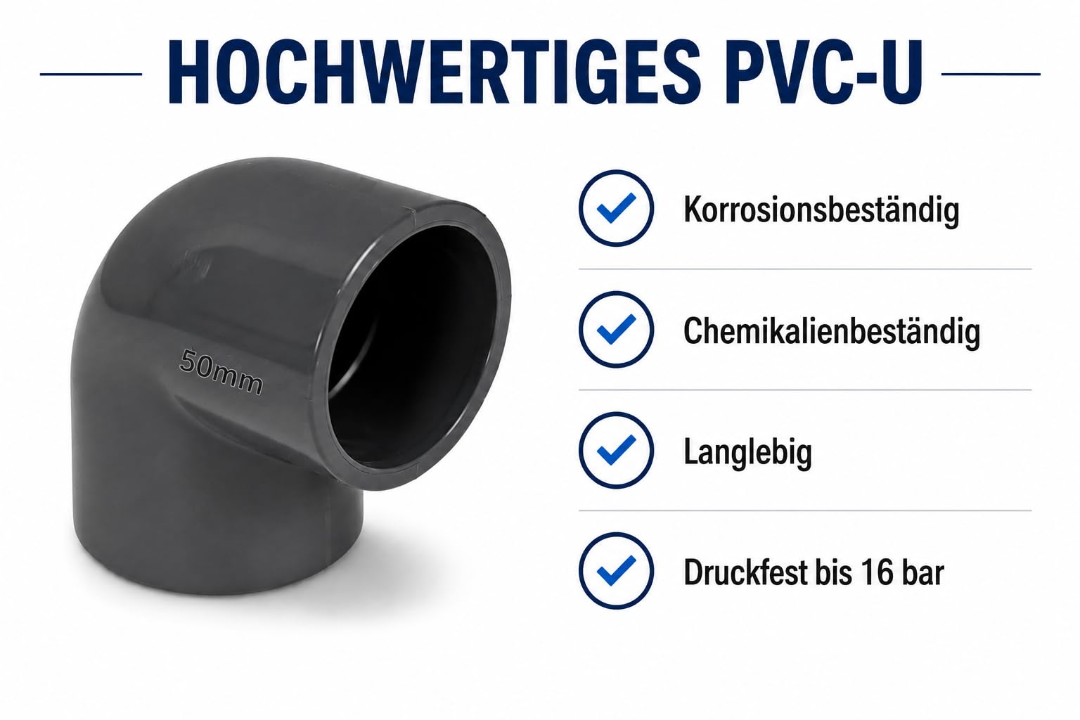 Poolmart 4 Stück 90° PVC-U Winkel 50 mm | Klebemuffe für Rohrleitungen |16 bar Druckfest | Korrosionsbeständig & Langlebig (4er Set)