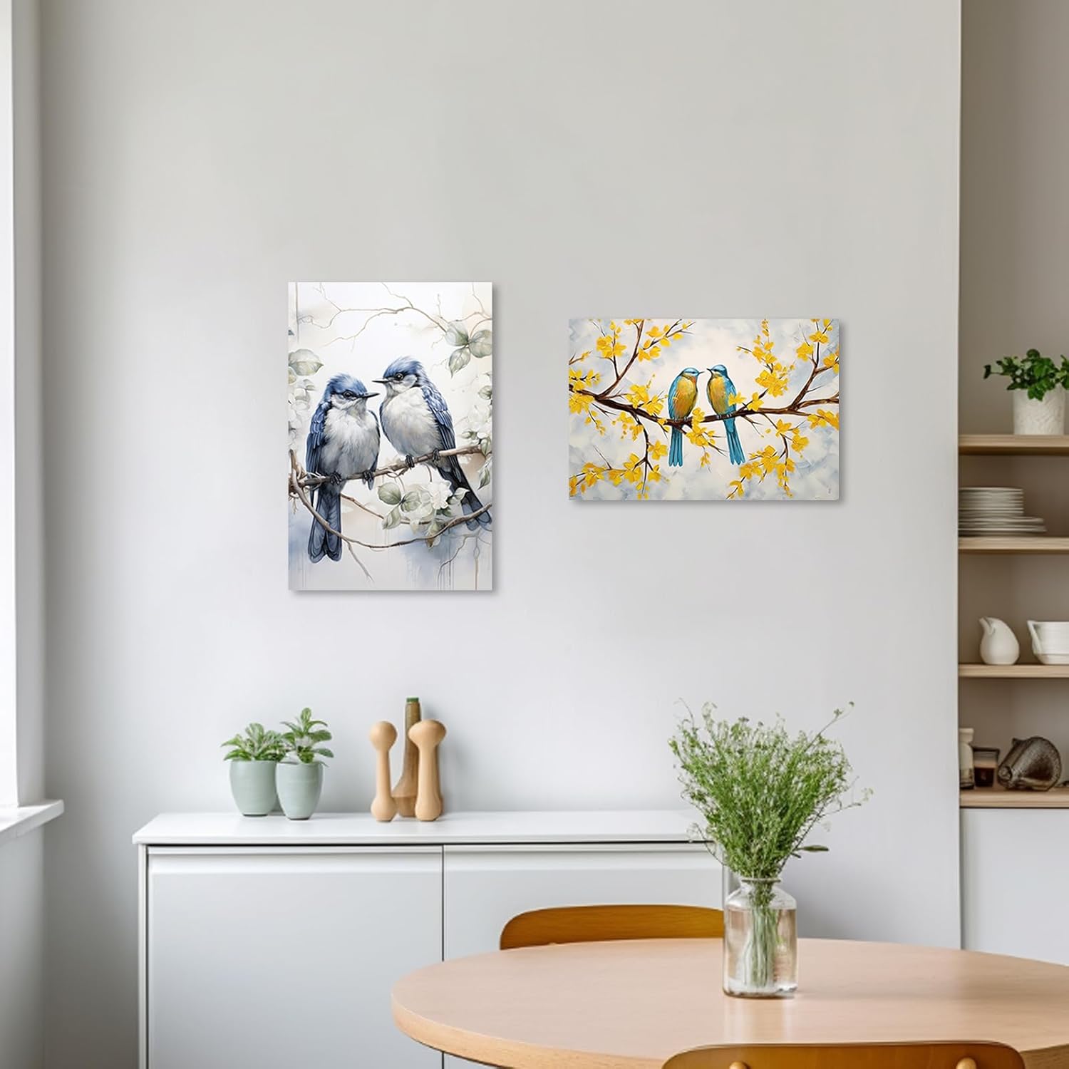 ZXHYWYM Love Birds Canvas Wall Art Two Couple Birds on Branch Yellow Flower Tree Painting Prints Romantic Pictures Home Decor for Bedroom Framed(1, (12.00" x 18.00"))
