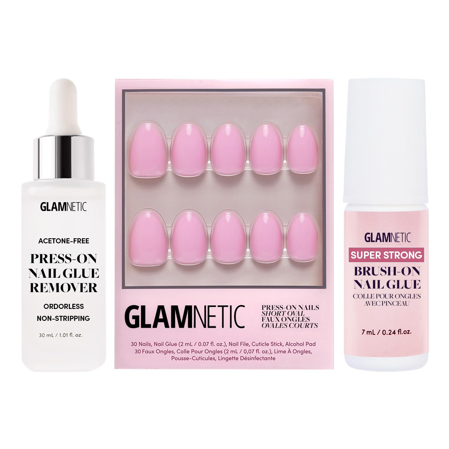 Glamnetic Press-On Nails - Think Pink | Super Strong Brush On Glue & Press-On Nail Remover | Solid Opaque Light Pastel Pink Short Oval Nails, Reusable | 15 Sizes - 30 Nail Kit