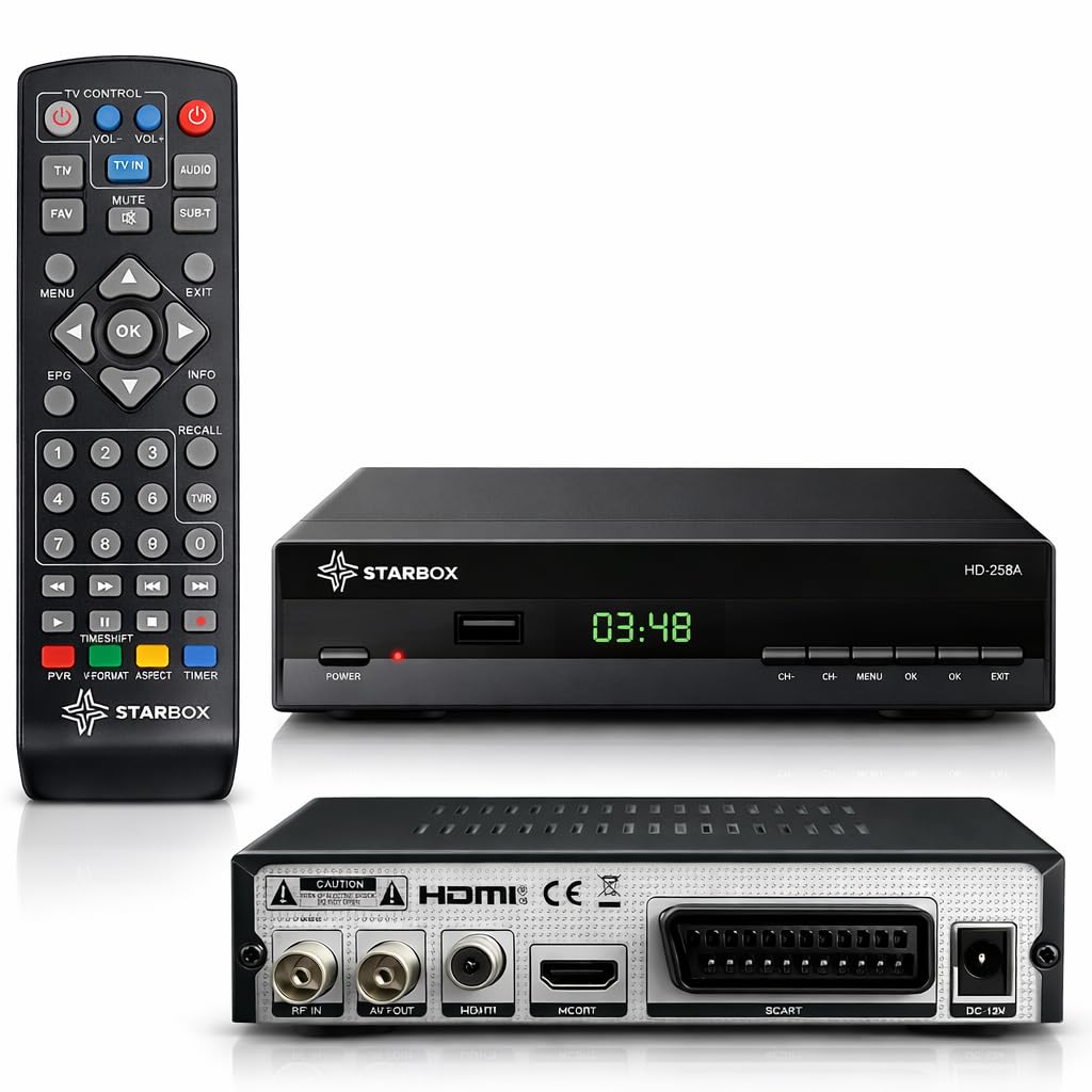 STARBOX HD-268A – Décodeur TNT DVB-T2 Full HD 1080p H.265 (HEVC), HDMI/USB/Péritel, Télécommande Universelle 2-en-1 – Antenne TNT Terrestre Uniquement (Non Compatible Satellite/Parabole)