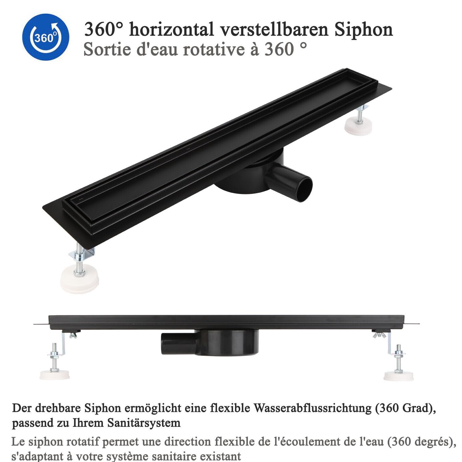 Canalina per doccia, 80 cm, in acciaio inox, con piastrellatura in acciaio inox, con sistema completo di scarico per doccia, sifone a 360° con filtro per capelli, dimensioni da 30 cm a 120 cm