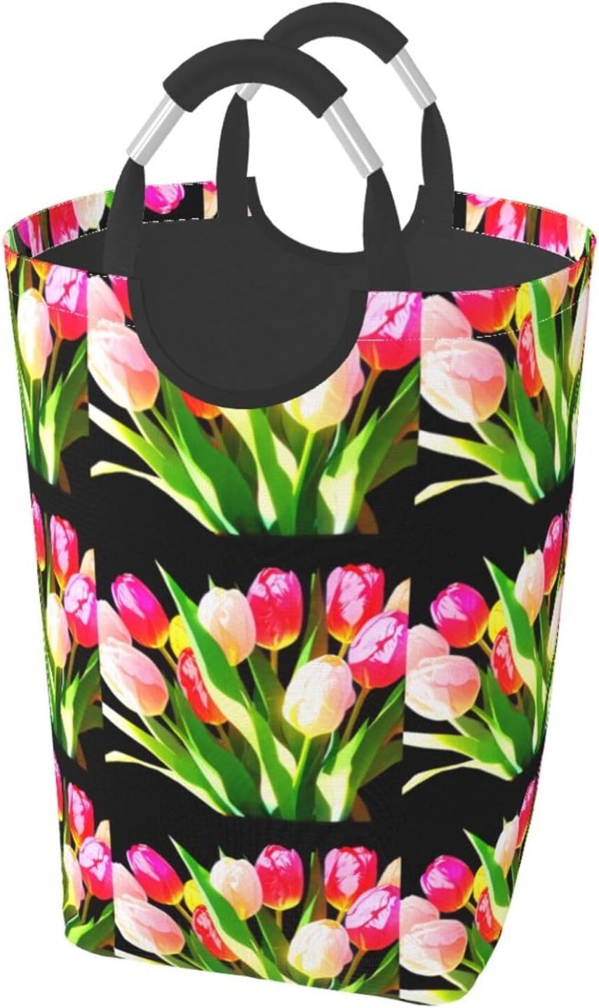 Bright tulips Foldable storage bag, 50L capacity, suitable for laundry room, dormitory bedroom, dirty clothes storage basket.