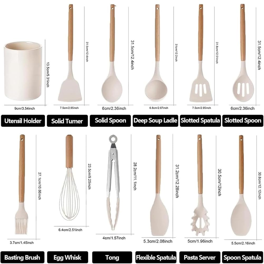 Juego de espátulas de Olla de Silicona de 12 Piezas con Mango de Madera, Cuchara, espátula, Utensilios de Cocina, Resistente al Calor, Recubrimiento Antiadherente