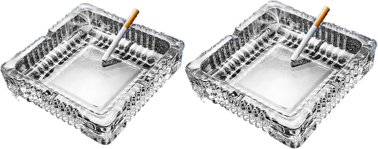 SIDSONS Glass Ashtray Square Cigarettes Cigars Crystal Cut Effect Transparent Ash Tray Glass Indoor Outdoor Home Office Tabletop Restaurant Pub Garden 15cm x 15cm 4cm Height (Medium - Pack 2)