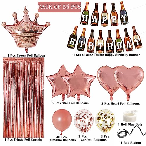Image of Rozi Decoration Rose Gold Birthday Decoration Set | 55 Pcs Combo with Wine Bottle Theme Happy Birthday Banner, Crown Foil Balloon, Metallic & Confetti Balloons, Foil Curtain for Adults Party Decor