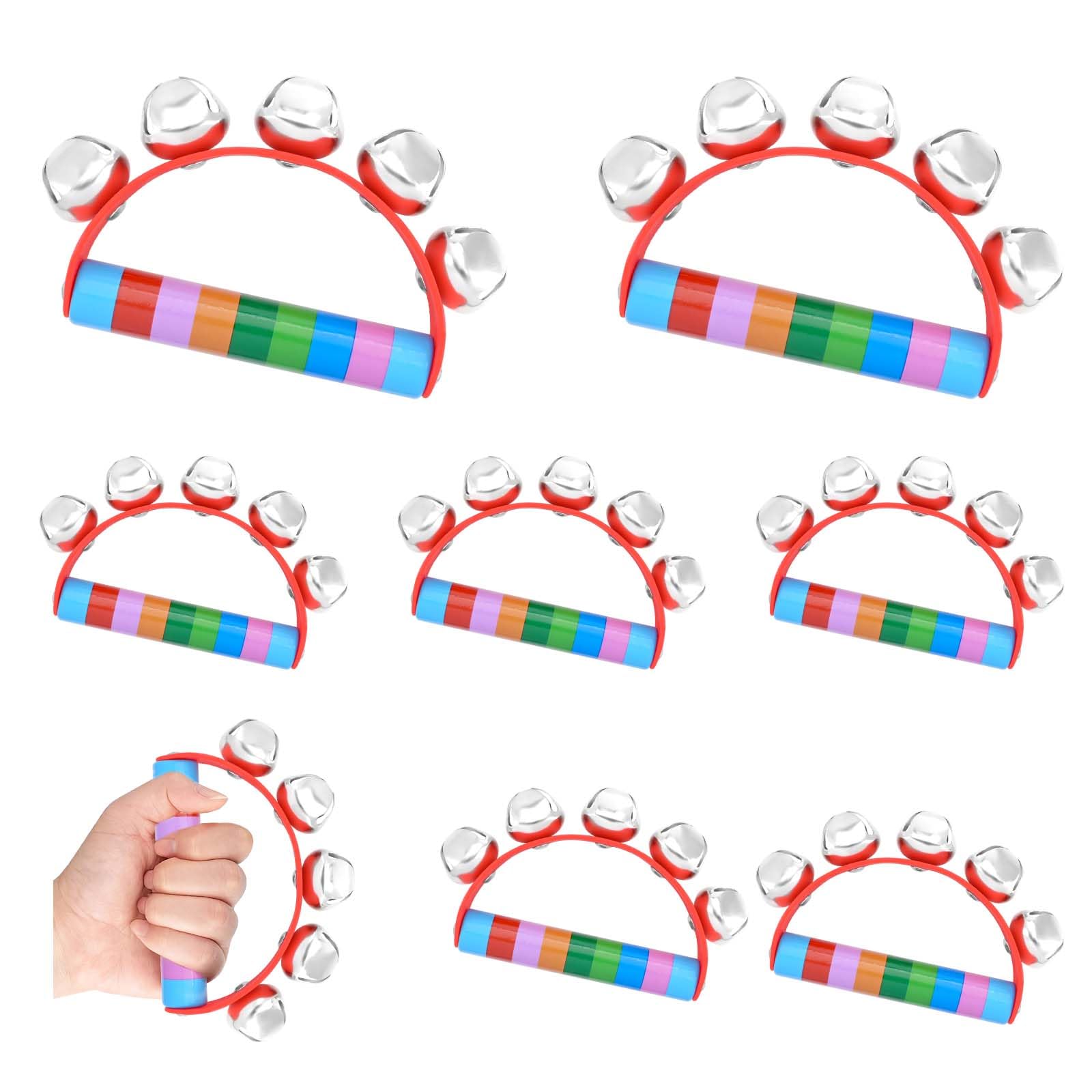 8 campane natalizie a mano per bambini, in legno, con manico rosso, per aule, feste di Natale, scuola, spettacoli (color arcobaleno)