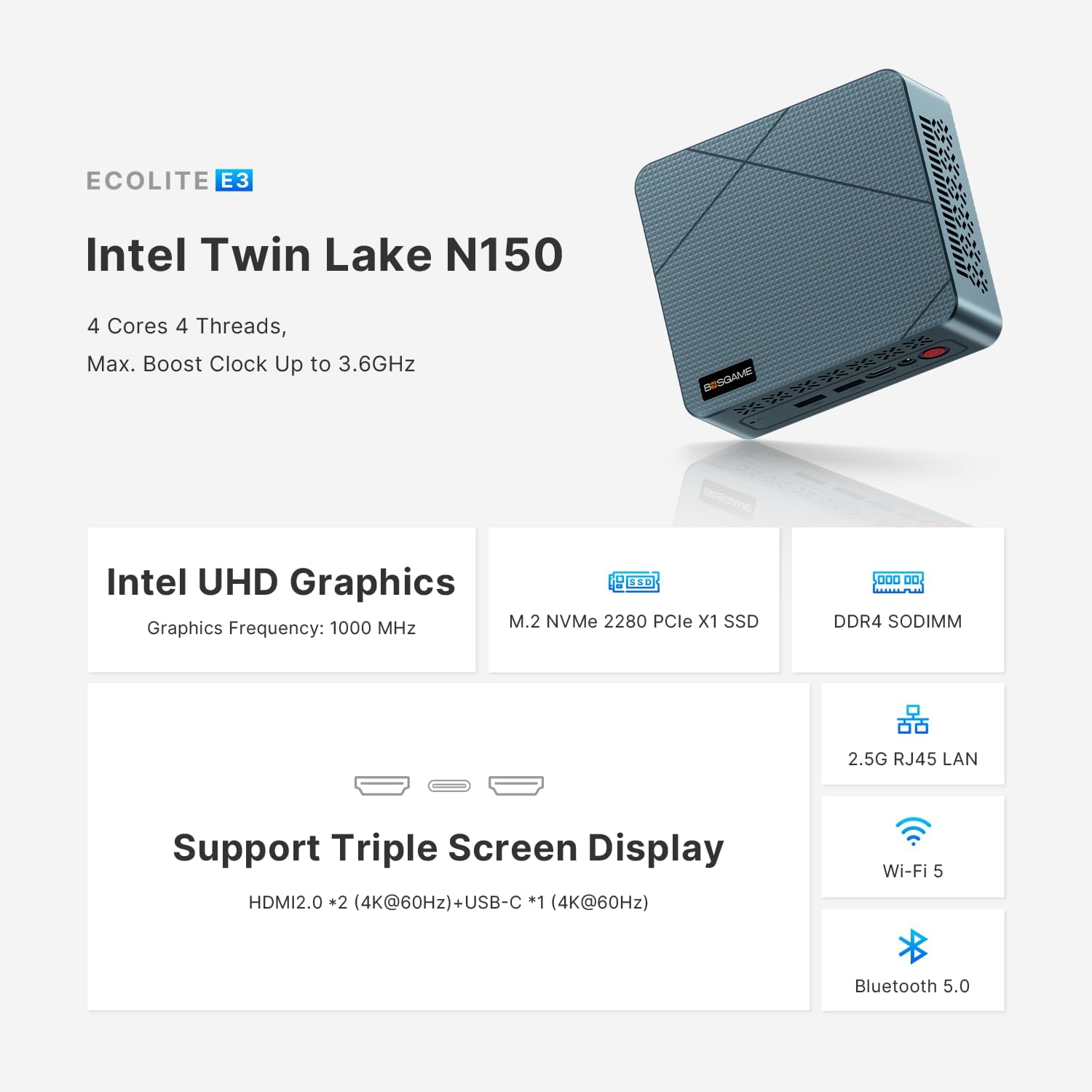 BOSGAME E3 Mini PC N150 Intel 13th Mini Computers, 11 Pro 16GB DDR4 RAM 512GB PCIe x1 SSD, 4K 60HZ Triple displays, Dual HDMI+Type-C, WIFI5, BT5.2, Office, Education, Home, HTPC, NAS - Image 2