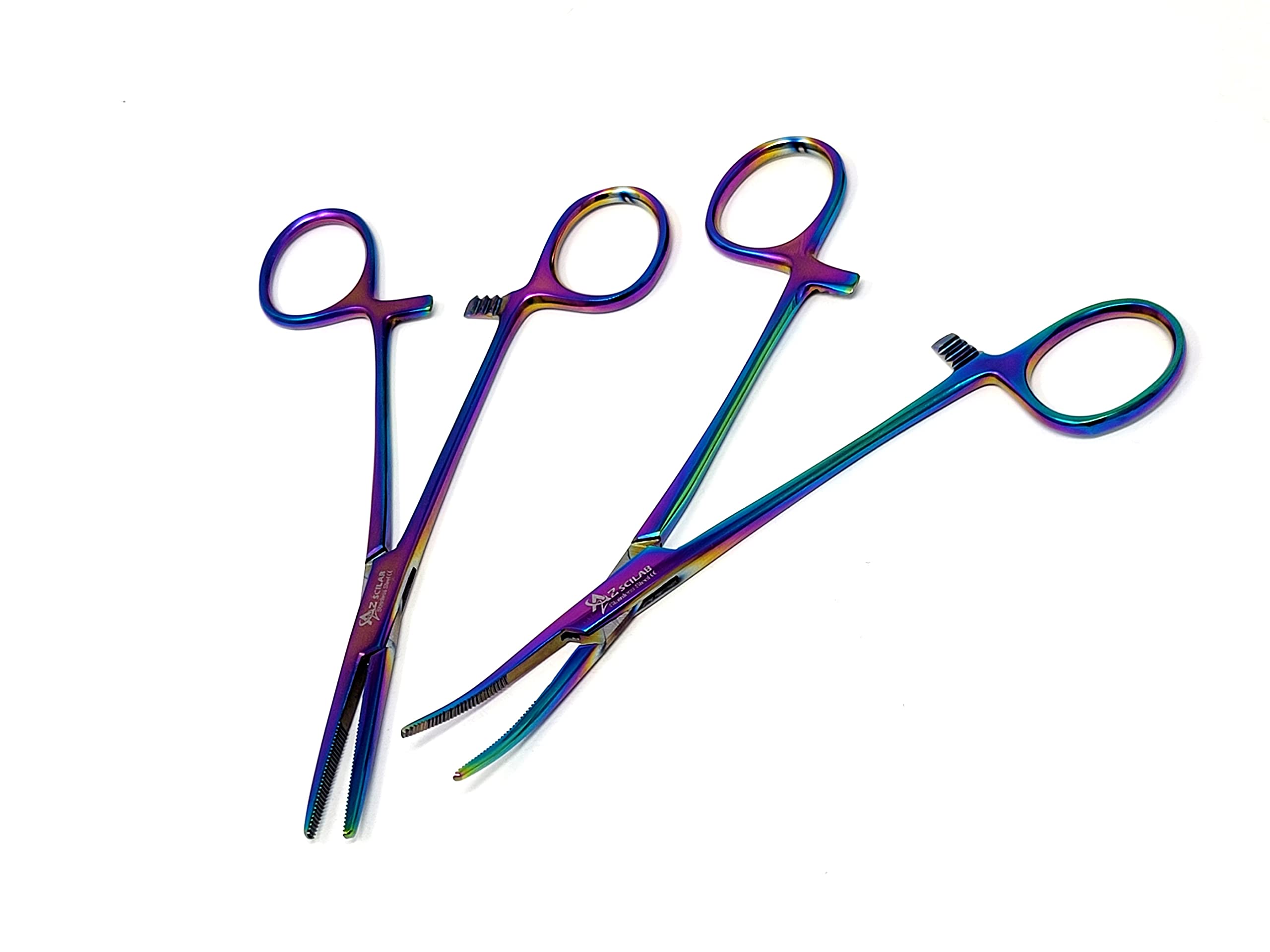 Kelly Hämostat-Pinzetten, 14 cm, gerade und gebogen, Premium-Qualität, Edelstahl, mit halbgezackten Backen, mehrfarbig, 2 Stück