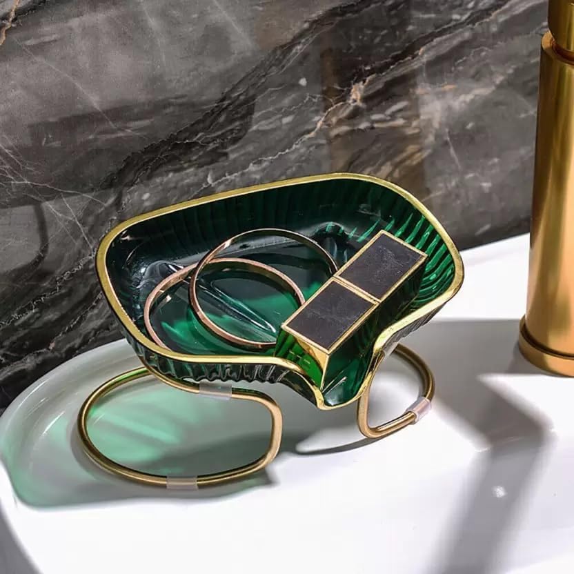 Image of Luxury Design Soap Draining Storage Rack for Household Self Holder, Not Punched Easy Clean Bar Draining Dish with Golden Ring Metal Stand Box for Shower, Toilet, Bathroom, Kitchen Sink Bathtub use.