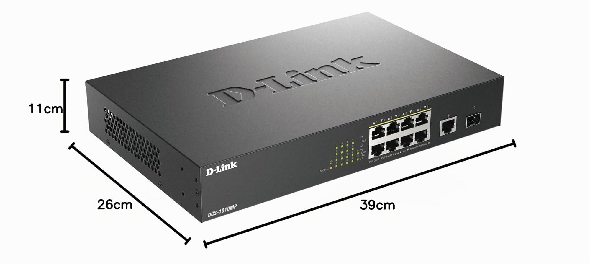 D-Link DGS-1010MP Switch Gigabit Max PoE 10 Ports, 8 Ports PoE+ Gigabit 30 W, Budget PoE 125 W, Liaison Montante Fibre SFP, sans Ventilateur, Silencieux, économie d'énergie, boîtier métallique