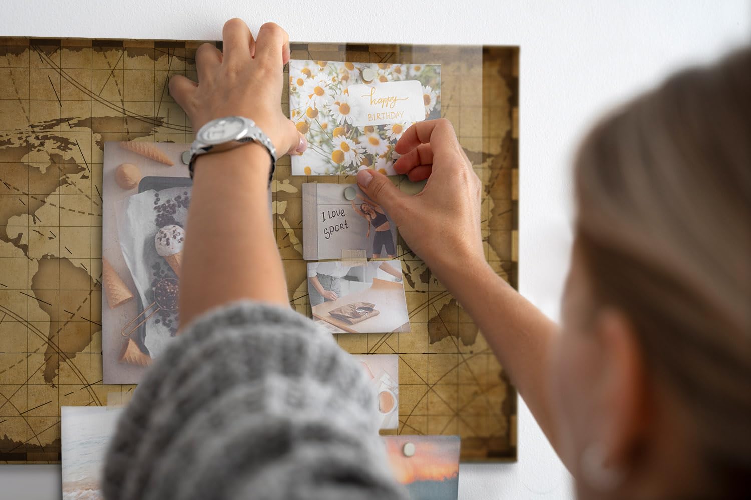 Glasmagnettafel mit Zubehör-Set | Magnetisch, beschreibbar, abwischbar | Planungsboard für Notizen, Aufgaben & Ideen | Ideal für Zuhause & Arbeitsplatz - 60x40cm Vintage-Weltkarte