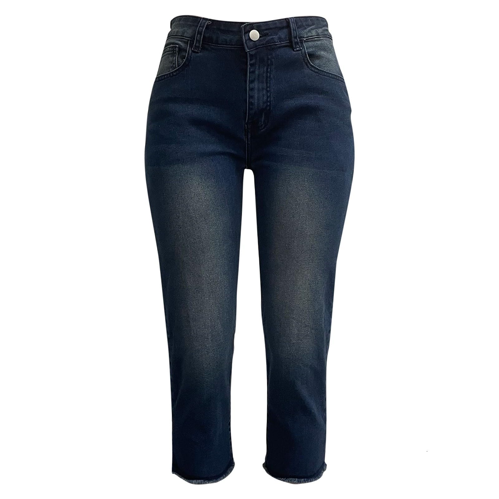 Caprihose Damen Sommer Jeanshose Slim Fit Fransen Saum Jeans 3/4 Hose Stretch Leggings Mit Taschen Denim Hosen Freizeithose Einfarbig Sommerhose Bequem Atmungsaktiv Figurbeton Casual Jeanshosen