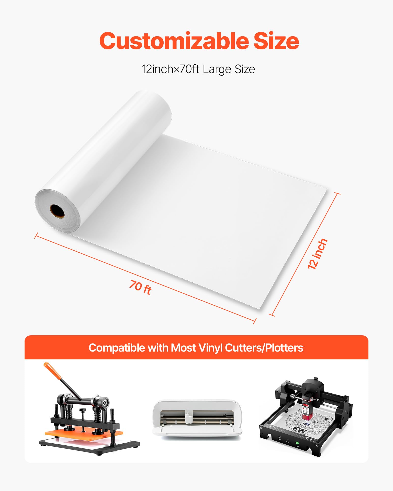 VEVOR Foglio di Rotolo Vinile Termoadesivo per Tessuti 304,8 x 21336 mm, Pellicola per Plotter in Vinile a Trasferimento Termico per Macchine da Taglio, per Magliette Cuscini Cappelli, HTV, Bianco