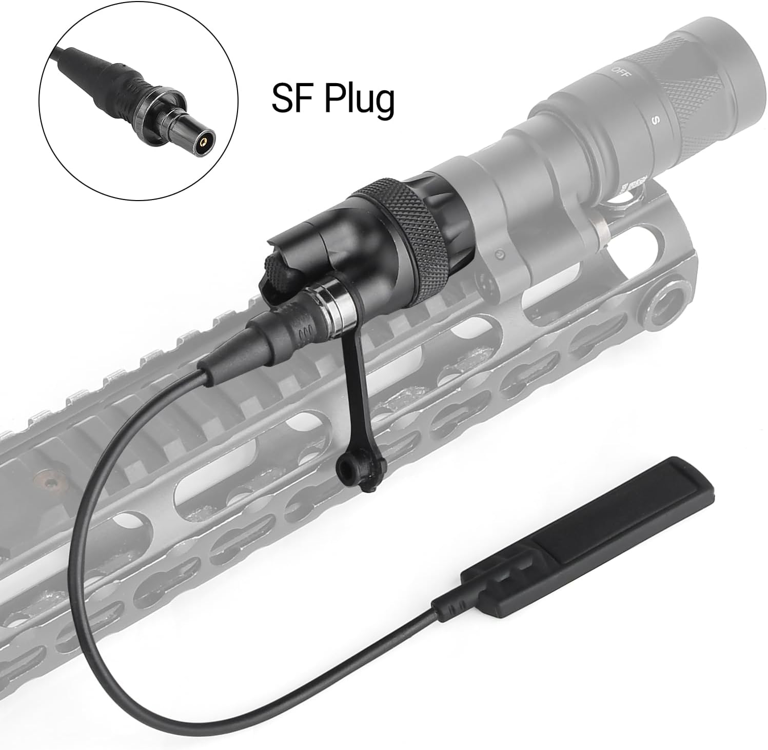 Remote Pressure Switch and Replacement Rear Tail Cap Set for M300/M600 Series Tactical Flashlight, Tactical Light Pressure Switch with SF Plug, Suitable for 20mm Picatinny Rail (Black)