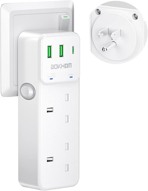 UK to US Plug Adaptor, 2 Way USB Plug Extension Sockets, Double Plug Adaptor with 3 USB Ports (Type C & USB A), Travel Adapter UK to USA, Adapter Plug UK to USA/Canada/Mexico etc Travel Plug Type B