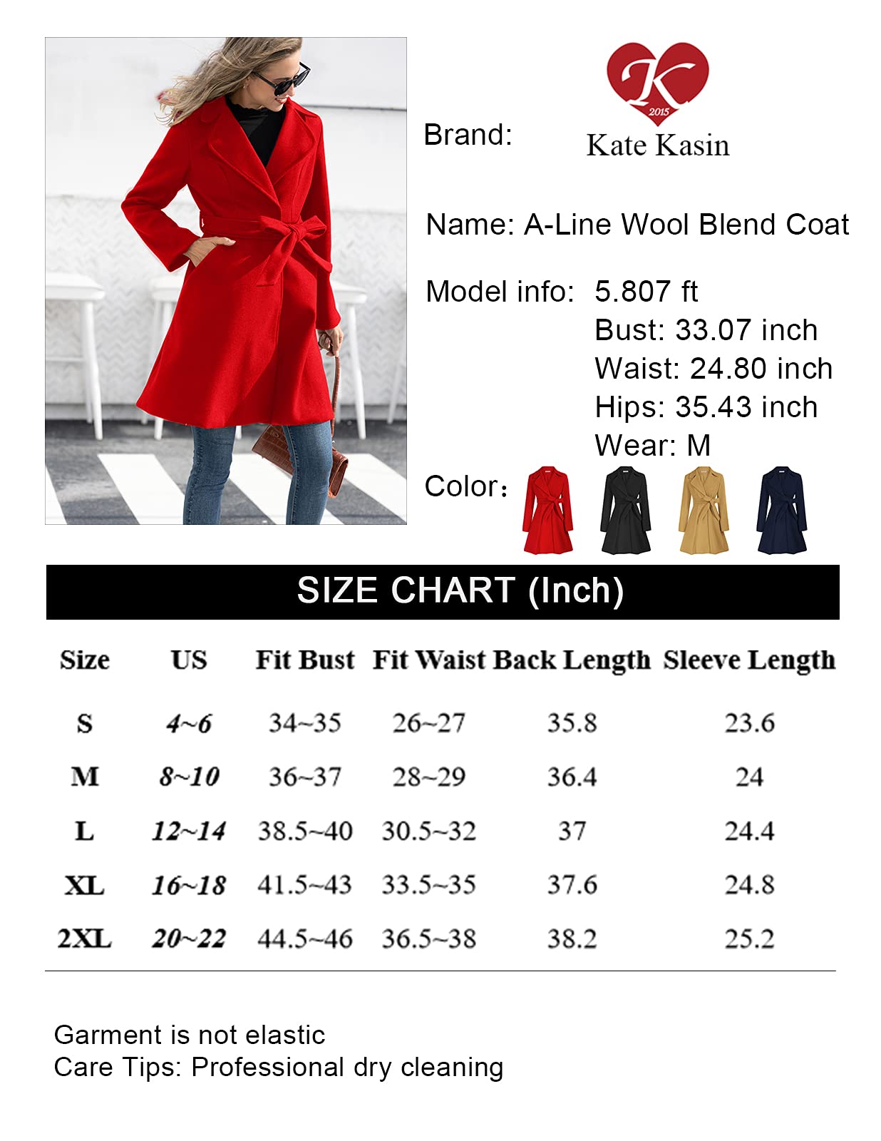 Kate Kasin Abrigo de mujer con cinturón de mezcla de lana para mujer, Rojo, Large