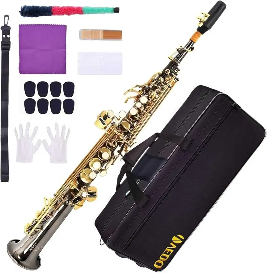 VEDO Saxofone Soprano Em Bb, Instrumento De Tubo Reto, Campana Integrado, Adequado Para Iniciantes E MúSicos NíVel IntermediáRio, Estojo, Boquilha, Sapatilhas, Palhetas, Kit Limpeza, Correia, preto