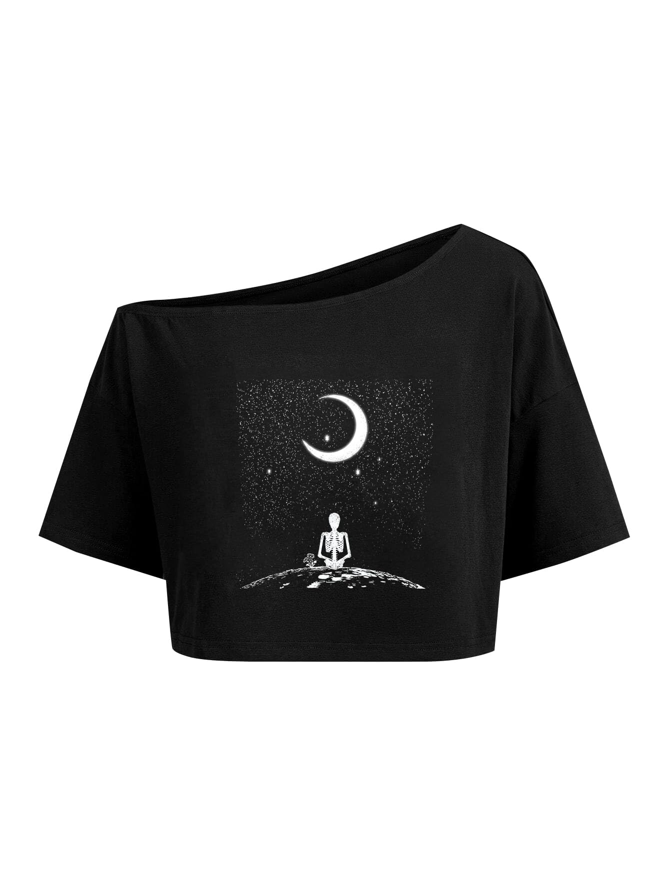 Remidoo Women's Off The Shoulder Graphic Crop Top Tee Half Sleeve Loose Fit T Shirt