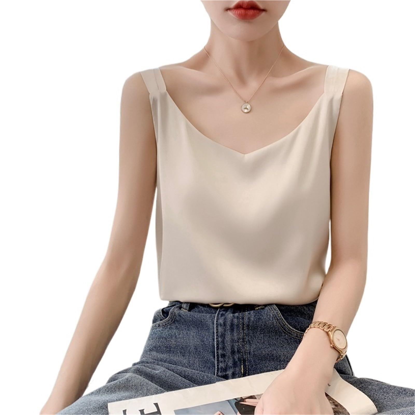 Tops Mujer Camisola Satén Camisola de Seda for Mujer, Traje Verano con Escote en V Interior, Chaleco satén, Fino, Suelto, sin Mangas, Top Tirantes(Champagne,M)