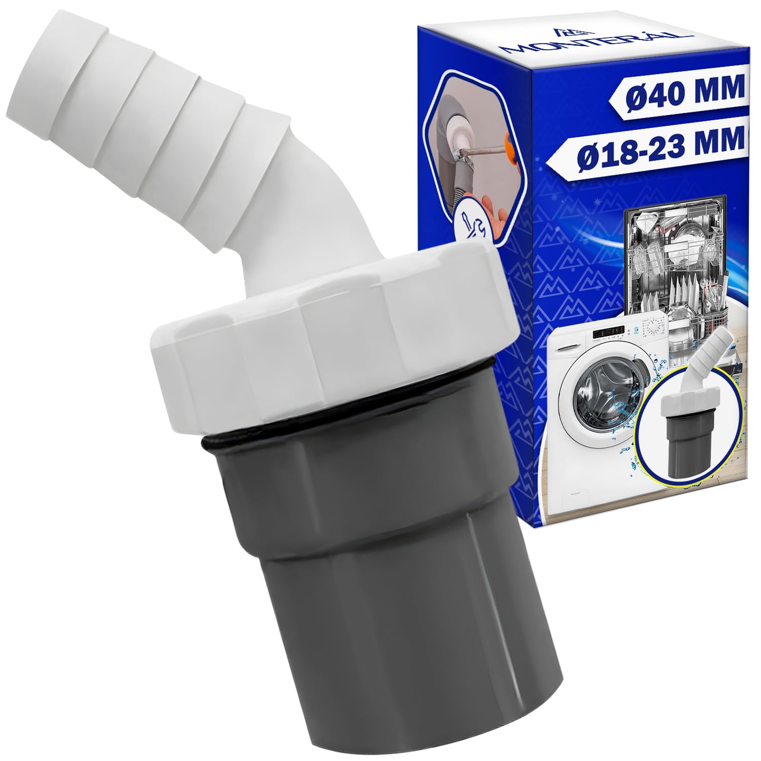 Adaptador Empalme Desague Lavadora con Salida para Tubo Ø40 mm y Entrada Ø18-23 mm - Adaptador Desagüe para Lavavajillas Incluye 1 Pieza de Abrazadera Ø20-32 mm - Garantía de 10 Años - MONTERAL — view 10