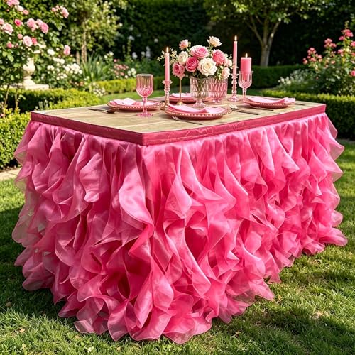 Image of Luxury Organza Mesh Table Skirt Draping Floating Romance - Perfect for Bridal Showers, Birthday Weddings - Clear Flowing Decoration for a Wonderful Main Cake Table (Hot Pink-6ft, 72 inchLx30 inchH)