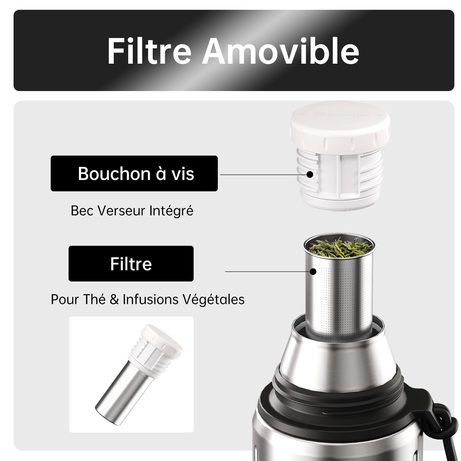 1L Thermo Café Isotherme avec Tasse(72h Froides et 24h Chaudes) Termosse Cafe Chaud avec Fond Amovible et Thé Filtre sans BPA Pour les Déplacements, le Bureau et l'école(Argent)