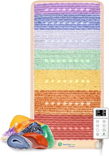 HealthyLine Alfombrilla de chakra arcoíris  Reiki mejorado, yoga y masaje  Almohadilla térmica eléctrica de piedras preciosas con iones negativos y