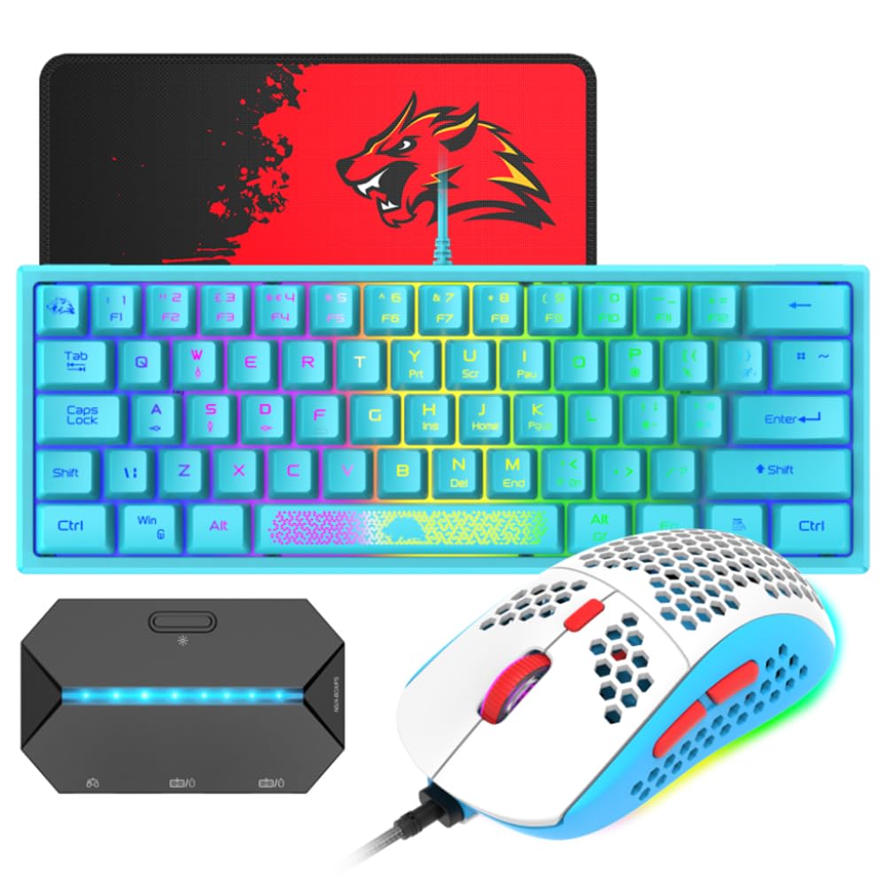LexonElec K61-60% Compatto Set Tastiera E Mouse Da Gioco Blu - Sensazione Meccanica Qwerty Tastiera RGB - 12000 DPI Mouse - Convertitore Di Controller Per PC