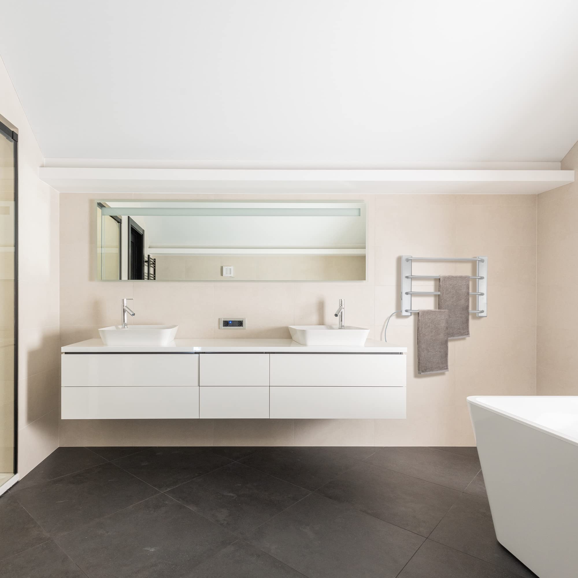 Fishtec - Asciugamano Elettrico da Parete 60W - Senza Termostato - Porta Asciugamano Bagno Stenditore Riscaldante 4 Barre - 50 CM - Alluminio Spazzolato - Riscaldamento Supplementare - Design Sobrio