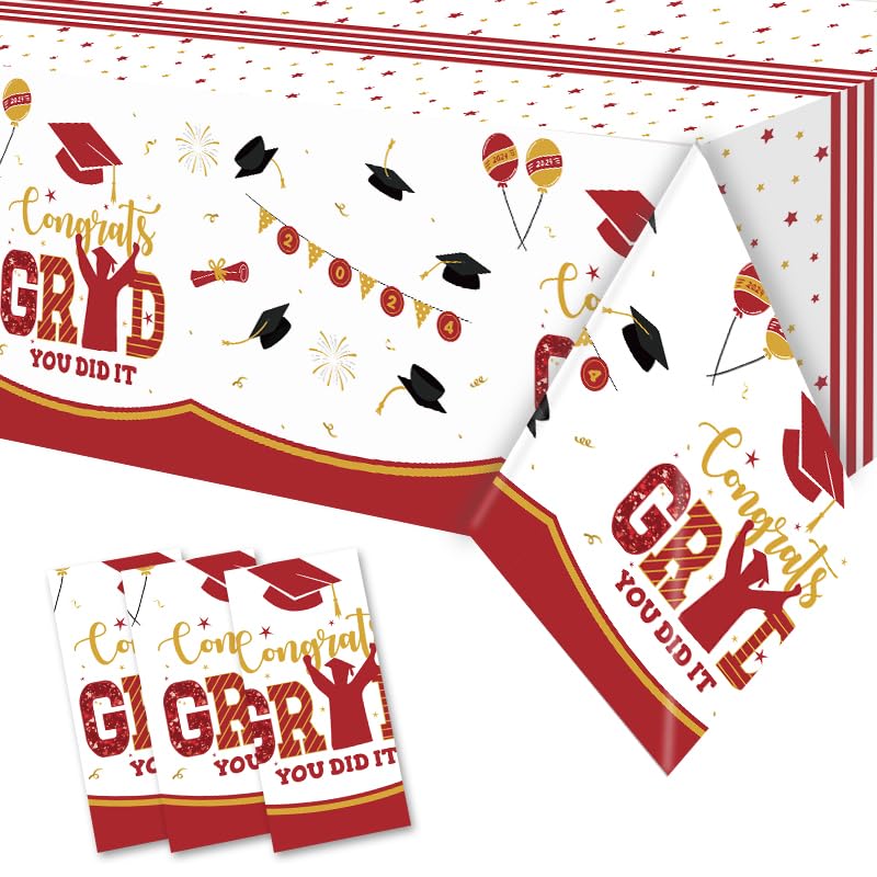 Tyzarglef 3 Pack Graduation Tablecloths Class of 2024, Red and Gold Plastic Tablecloths for Graduation Party Decorations, 54
