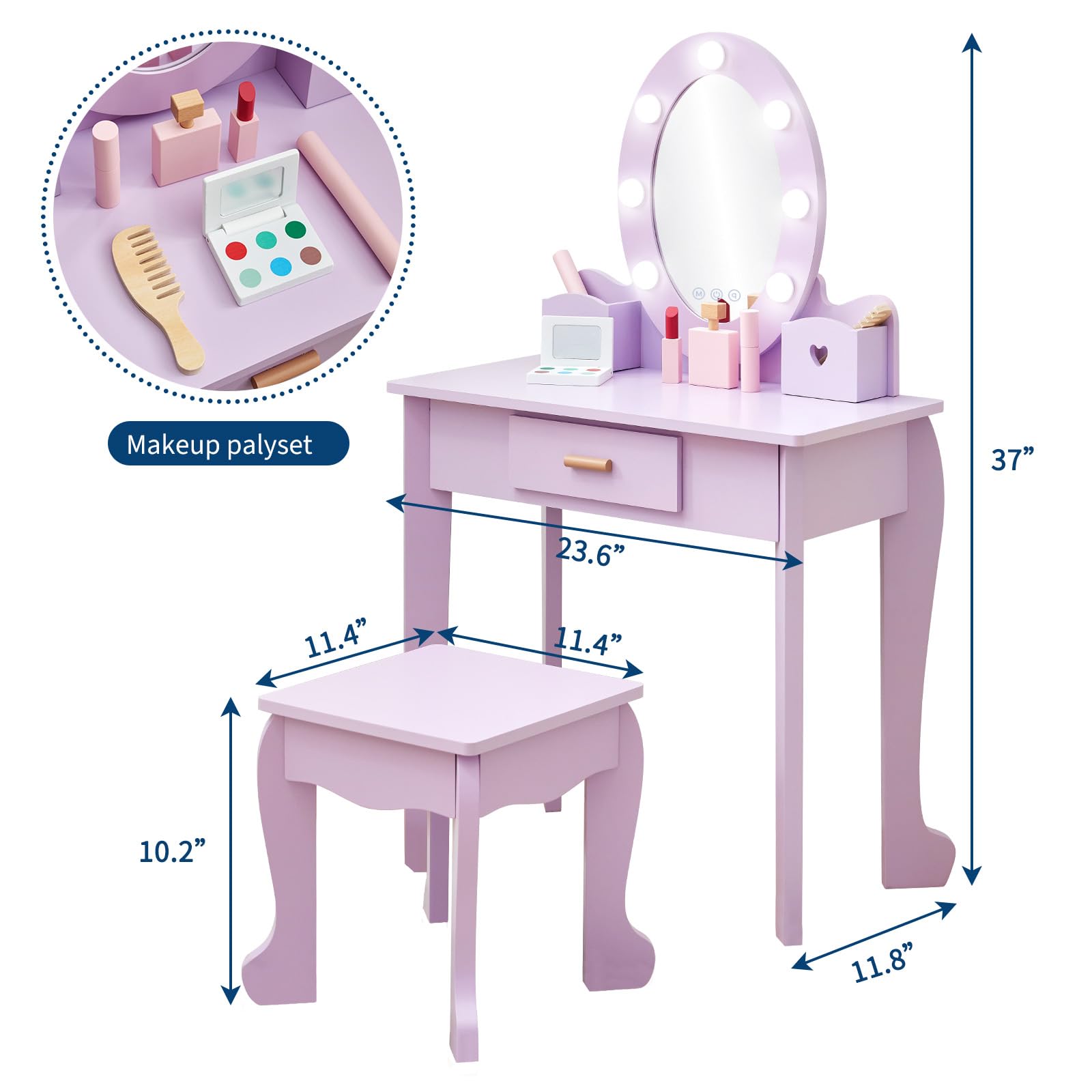 Garvee Kinder Schminktisch mit Licht und Hocker, schminktisch ab 4 Jahren mit Beleuchtung, Prinzessinnen Design in Lila – kinderschminktisch mit Schublade & Fächern für Mädchen
