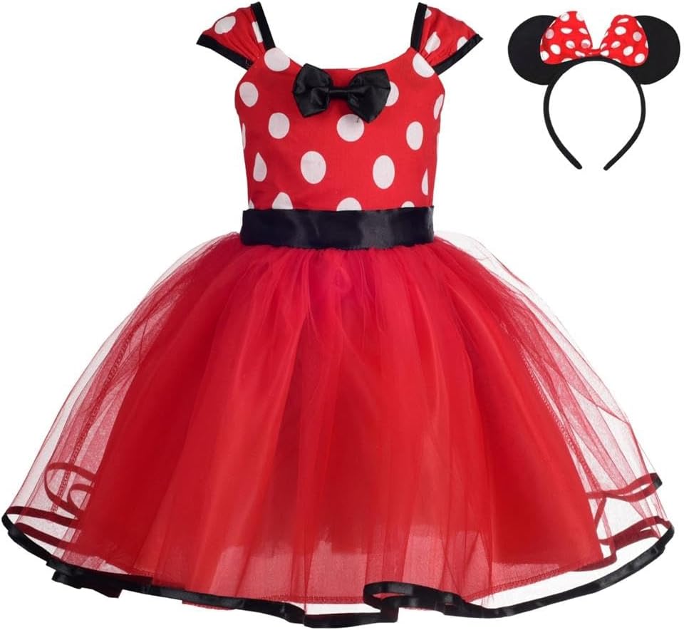 Lito Angels Minnie Costume Fancy Dress Up with Mouse Ears Bow Hair Hoop for Kids Girls, Halloween Birthday Party Mini Dots Tulle Skirt, Hot Pink/Pink/Red