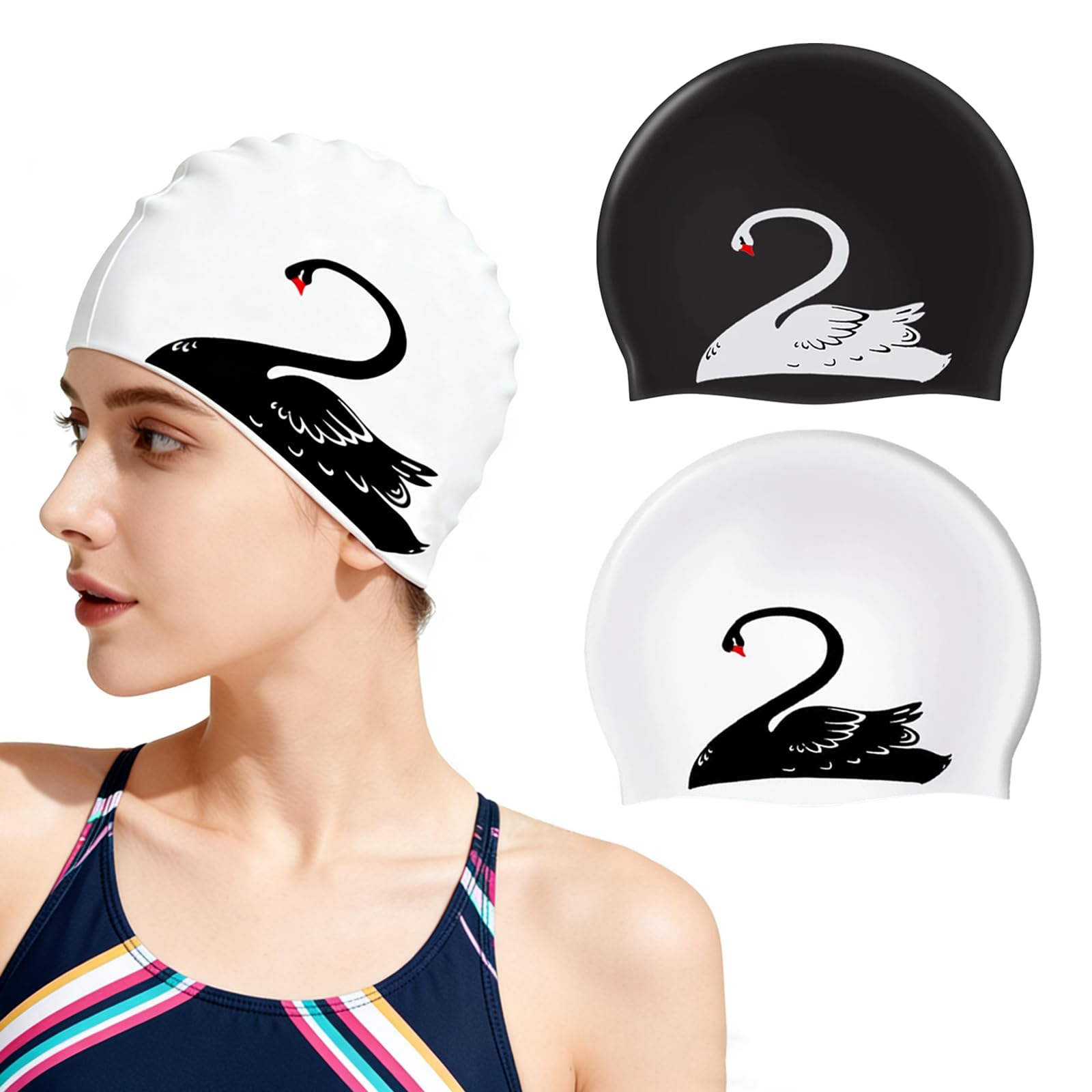 2 Pcs Silicone Swimming Cap, Swan Waterproof Swim Cap, Elastic Swimming Hat for Long and Short Hair