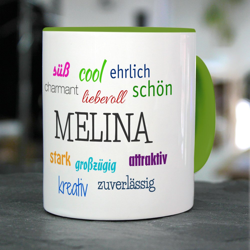 Personalisiert: Tasse Mit Namen Melina - Positive Eigenschaften - 325ml, Hellblau, Spülmaschinenfest