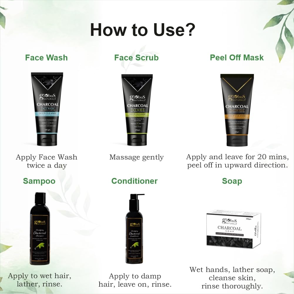 Globus Naturals Charcoal Detox Gift Box, Set Of 6 - Face Wash, Face Scrub, Peel off mask, Shampoo, Conditioner, Soap, For Oily, Combination, Sensitive & Acne Prone Skin, Both Men & Women 3