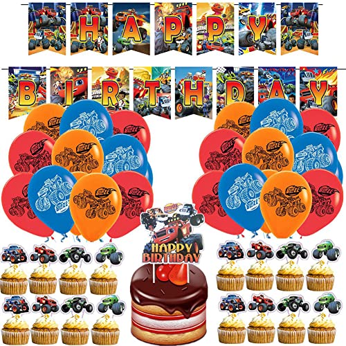 Blaze Geburtstagsdeko set, Blaze and The Monster Machines party Geburtstag Deko Party Supplies Luftballons Happy Birthday Banner Cake Topper für Kindergeburtstag Party 44 Stück Cover