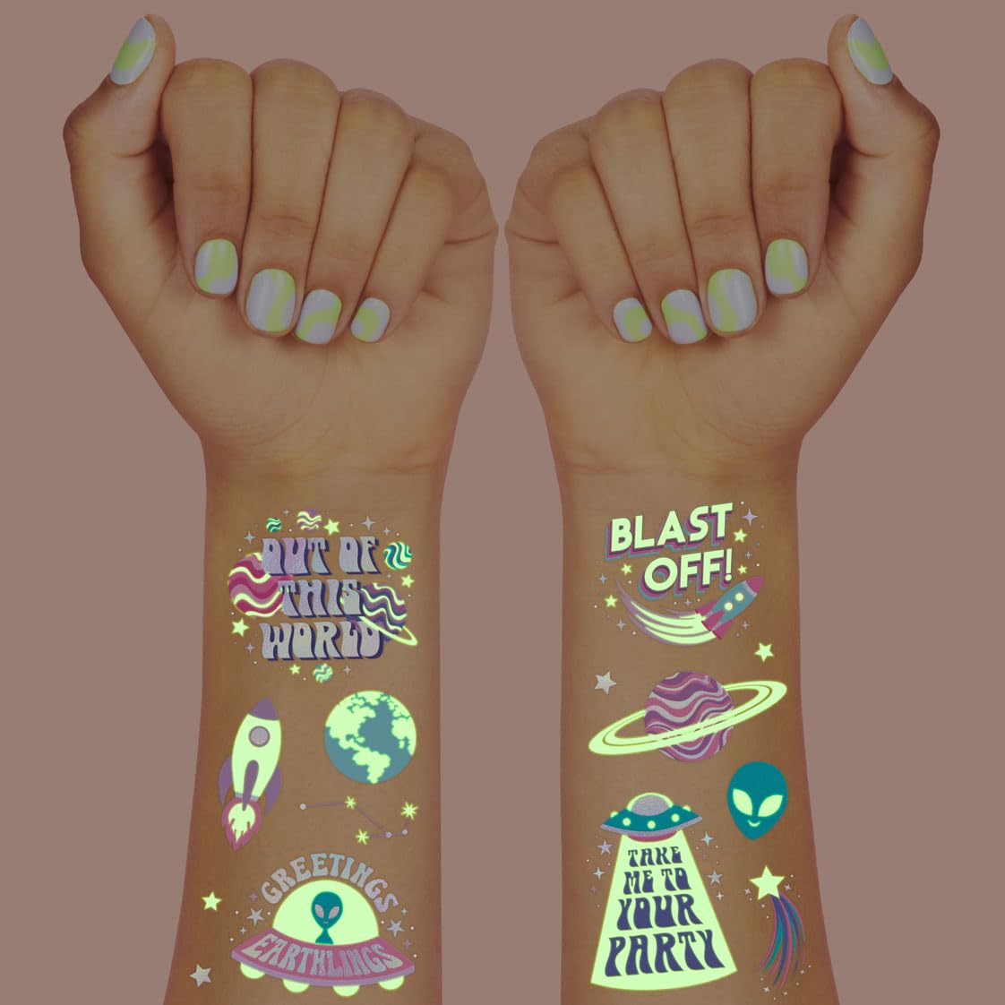 xo, Fetti 50pc Space Glow in Dark Temporary Tattoos | Kids Party Alien