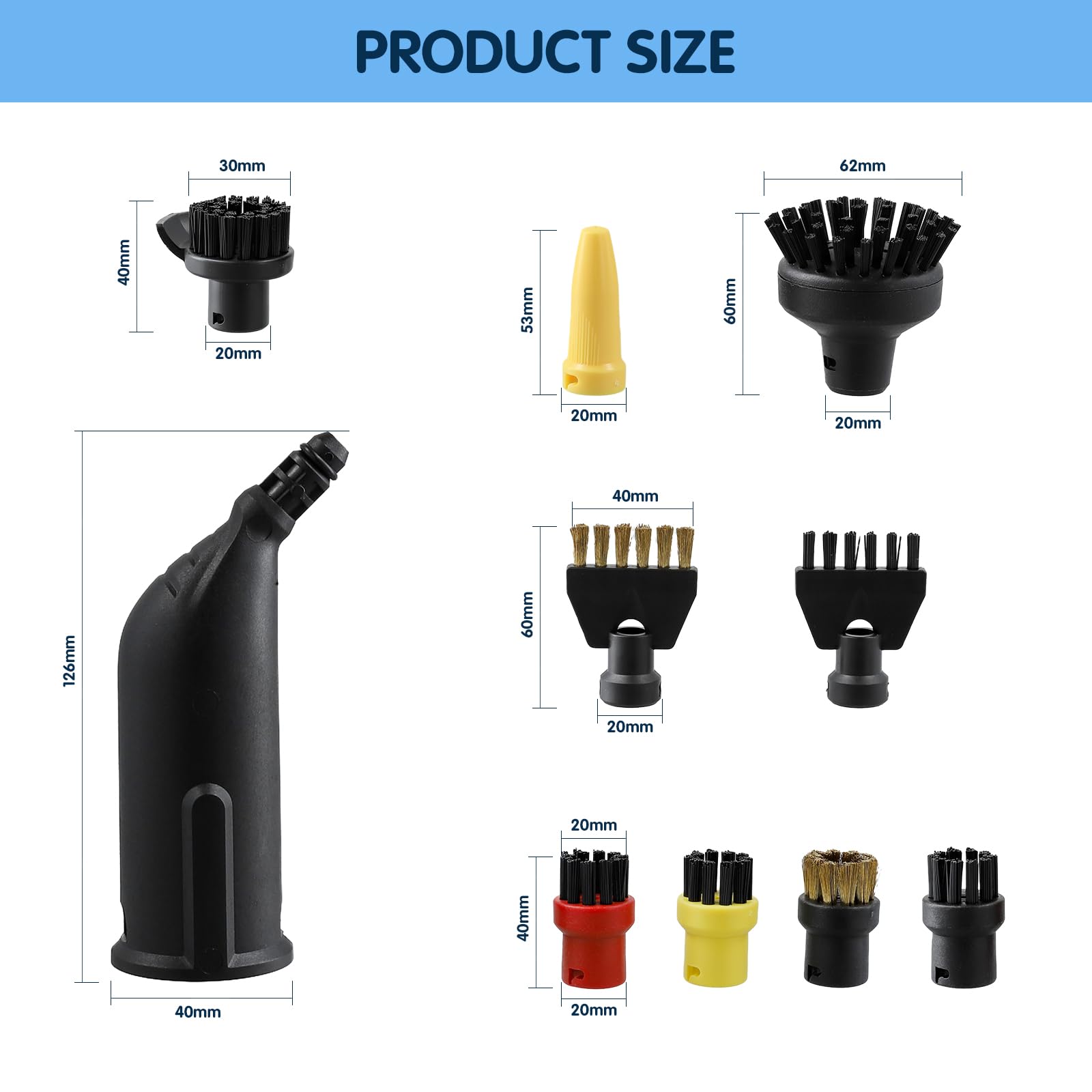 Kärcher Lot de 10 accessoires de nettoyage à vapeur, kit de rechange complet, brosse ronde, grande brosse de nettoyage, brosses à joints, buse, compatible avec SC1, SC2, SC3, SC4, SC5