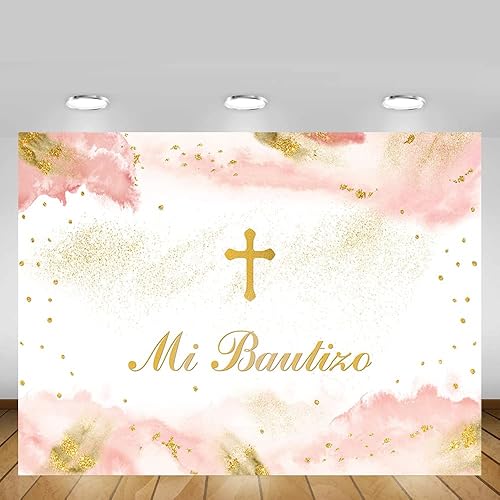 Miniatura 5 de MEHOFOND Telón de fondo de bautismo Mi Bautizo de 7 x 5 pies con texto en inglés My Bautizo Bautizo Mexican Gold Bless First Holy Comunion Bautizo,