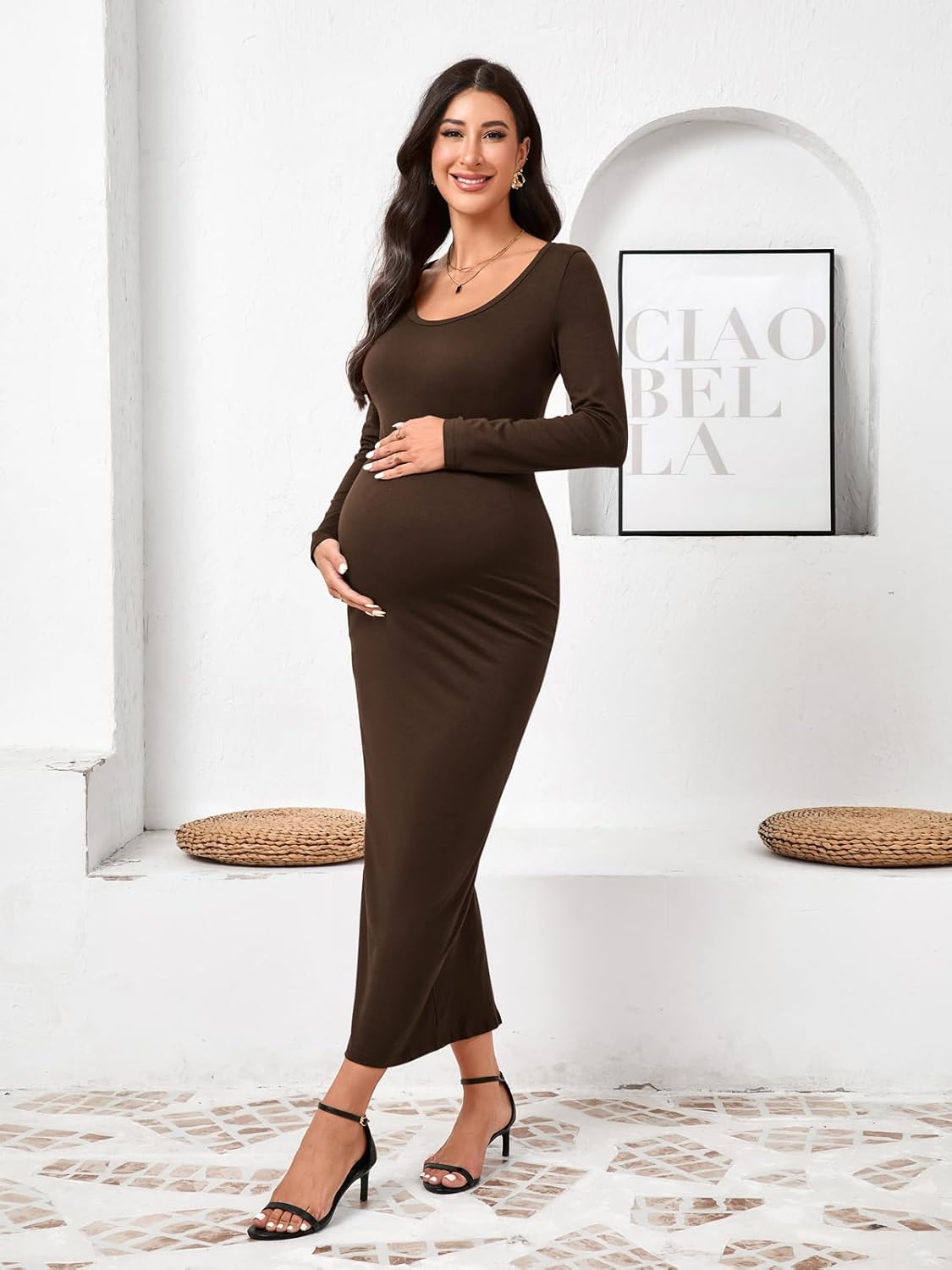 Yousify Womens Scoop Neck Maternity Maxi Dress Split Long Sleeve Slim Fit Split Casual Pregnancy Clothes for Baby Shower - Image 5