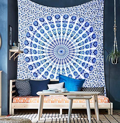 GLOBUS CHOICE INC. Blue Cotton Intricate Floral Designs Indian Traditional Queen Hippie Mandala Picnic Bohemian Boho Tapestry Bedspread Magical Thinking Large Tapestry