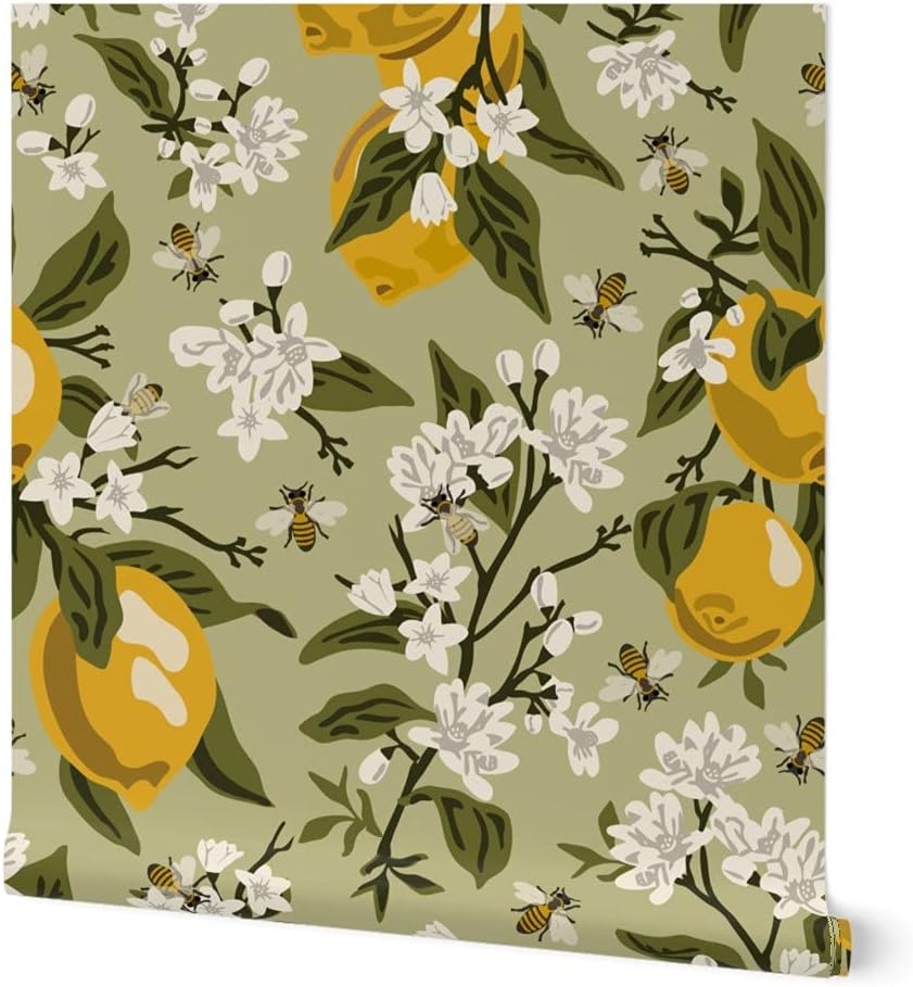 Peel & Stick Wallpaper 3ft x 2ft - Bees Lemons Green Large Leaves Colored Corrected 21 Nature Citrus Traditional Custom Removable Wallpaper by Spoonflower