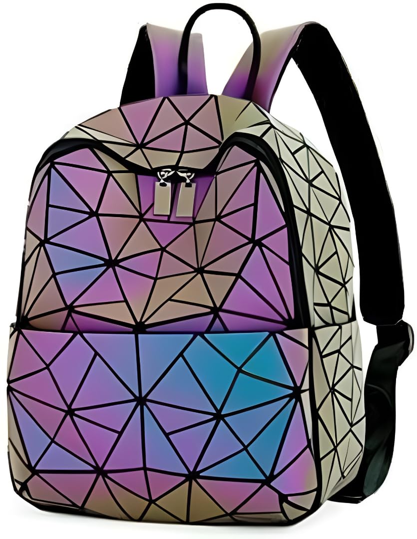 Reflective Geometric Backpack for Girls & Women with Matching Wallet - Holographic Luminous Travel Backpack with Adjustable Straps, Lightweight College School Office Bag-image-42