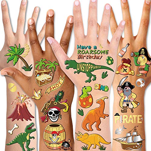 Qpout Tatouages temporaires de dinosaure pirate pour enfants - 132 dessins, tatouage de visage, fête d'anniversaire, fête de pirate de dinosaure, T-rex pour garçons bas Stuffers Goody Filler Rewards Cover