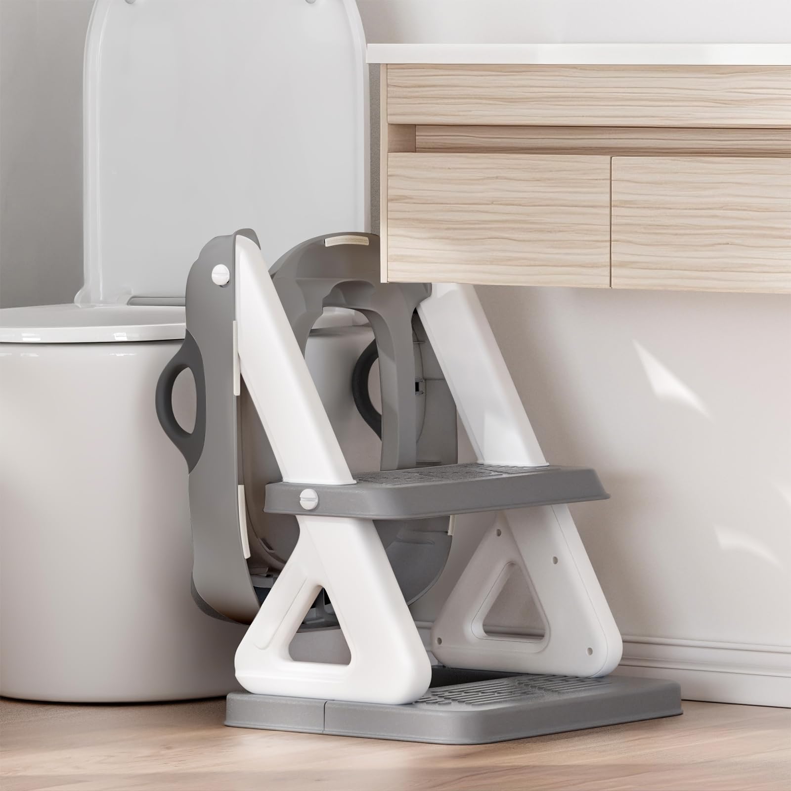Asiento de inodoro de entrenamiento para ir al baño con escalera para niños y niñas, inodoro de entrenamiento 2 en 1, protector contra salpicaduras, taburete antideslizante (gris-blanco)